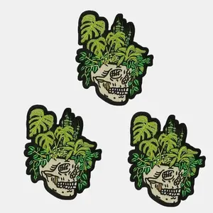 Set of 3 green leaf skull iron-on patches, embroidery patch set, easy for heat-press or sewing application, suitable for clothing, backpacks, hats, and jackets, DIY decorative badge gift