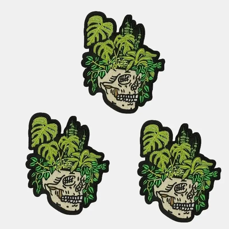 3pcs Gothic Greenery Punk Motif Iron-On Embroidery Patches, Woven Fabric Decorative Badges, Heat Press Ready for Sewing, Suitable for Clothing, Backpacks/Jackets, DIY Gift
