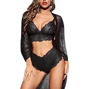 Women Lingerie Set with Robe - 3 Piece Lace Bra and Panty Set Sexy Sleepwear for Bridal Honeymoon Anniversary