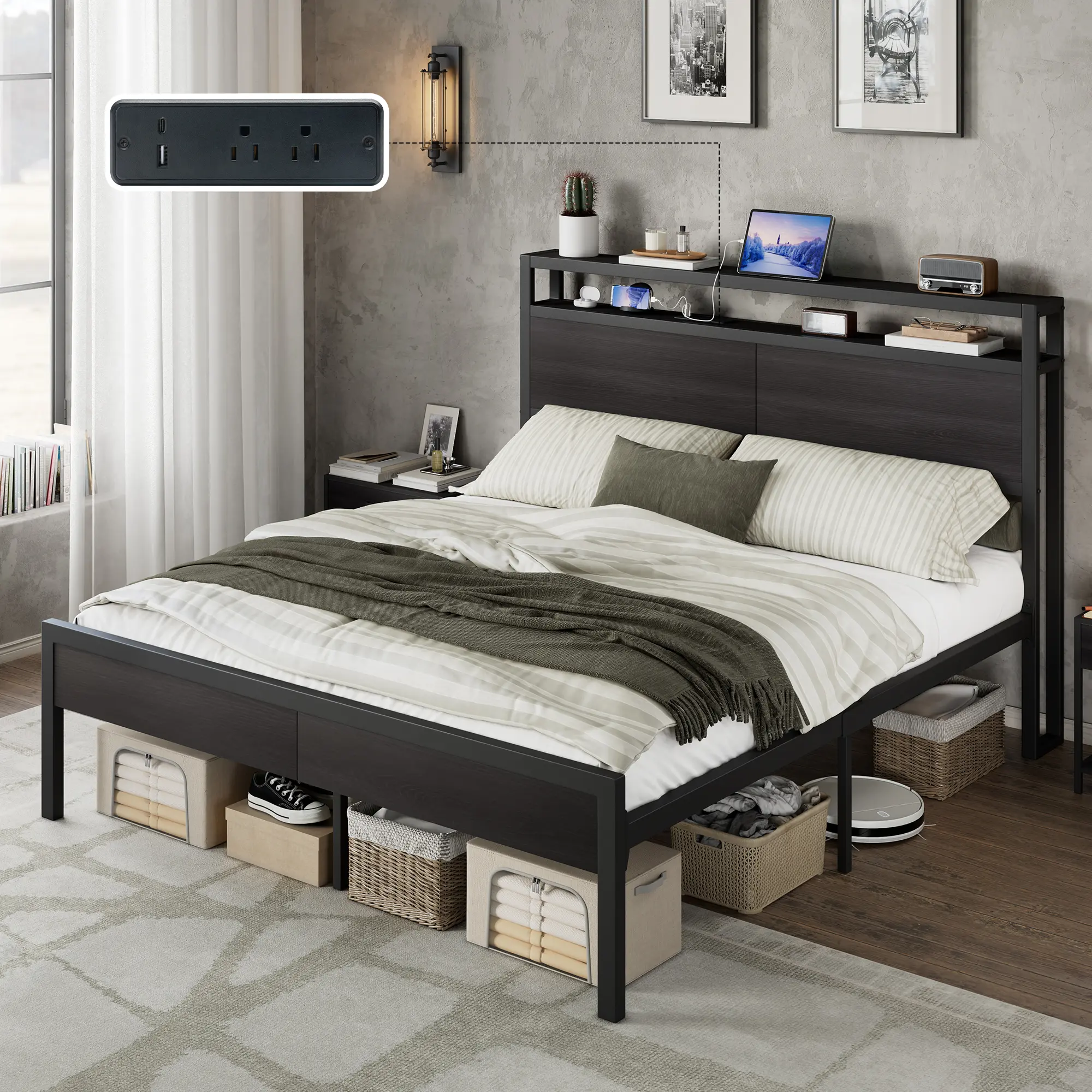 [Summerwins] [SummerFinds] AMERLIFE Bed Frame with Storage Headboard & Charging Station, Industrial Metal Platform Bed with Large Under-Bed Storage, Heavy Duty Slats, No Box Spring Needed
