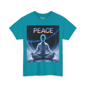 Alien Meditation Unisex Tee, Slim Muscular Extraterrestrial in Martial Arts Uniform, Galactic Stars Garden, Inner Peace Power, 'PEACE'