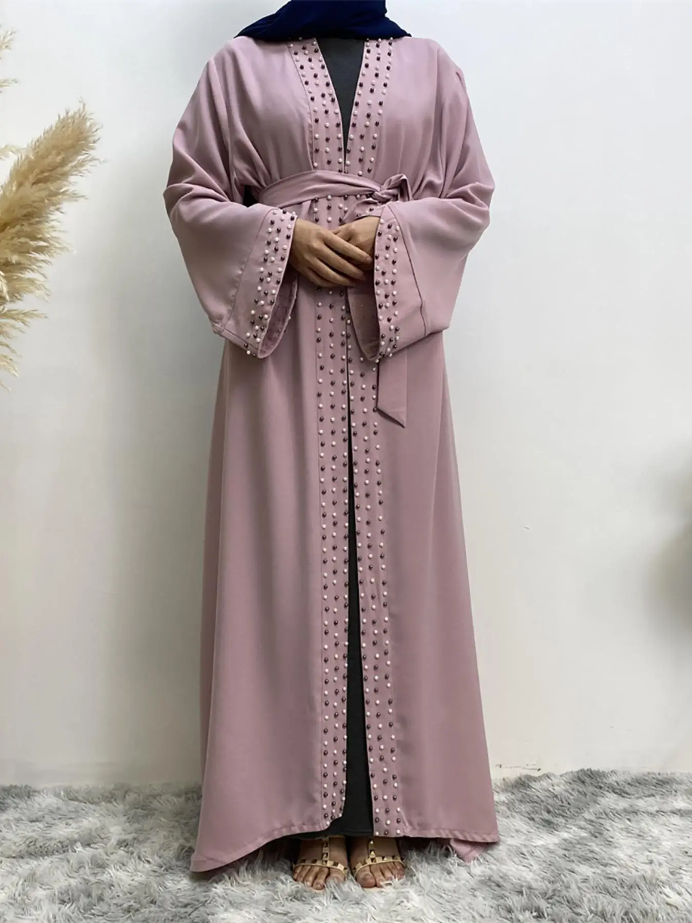 Women's Faux Pearl Decor Long Sleeve Abaya, Modest Elegant Open Front Abaya for Daily Wear, Modest Clothing, Women's Islamic Clothing for Spring & Fal