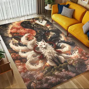 Yin Yang Fox Themed Flannel Rug Ultra Soft Non Slip Decorative Floor Carpet Multipurpose Use As Office Chair Mat Outdoor Entryway Rug Ideal For Christmas Halloween Festival Gift And Indoor Home Decor absorbent quick dry