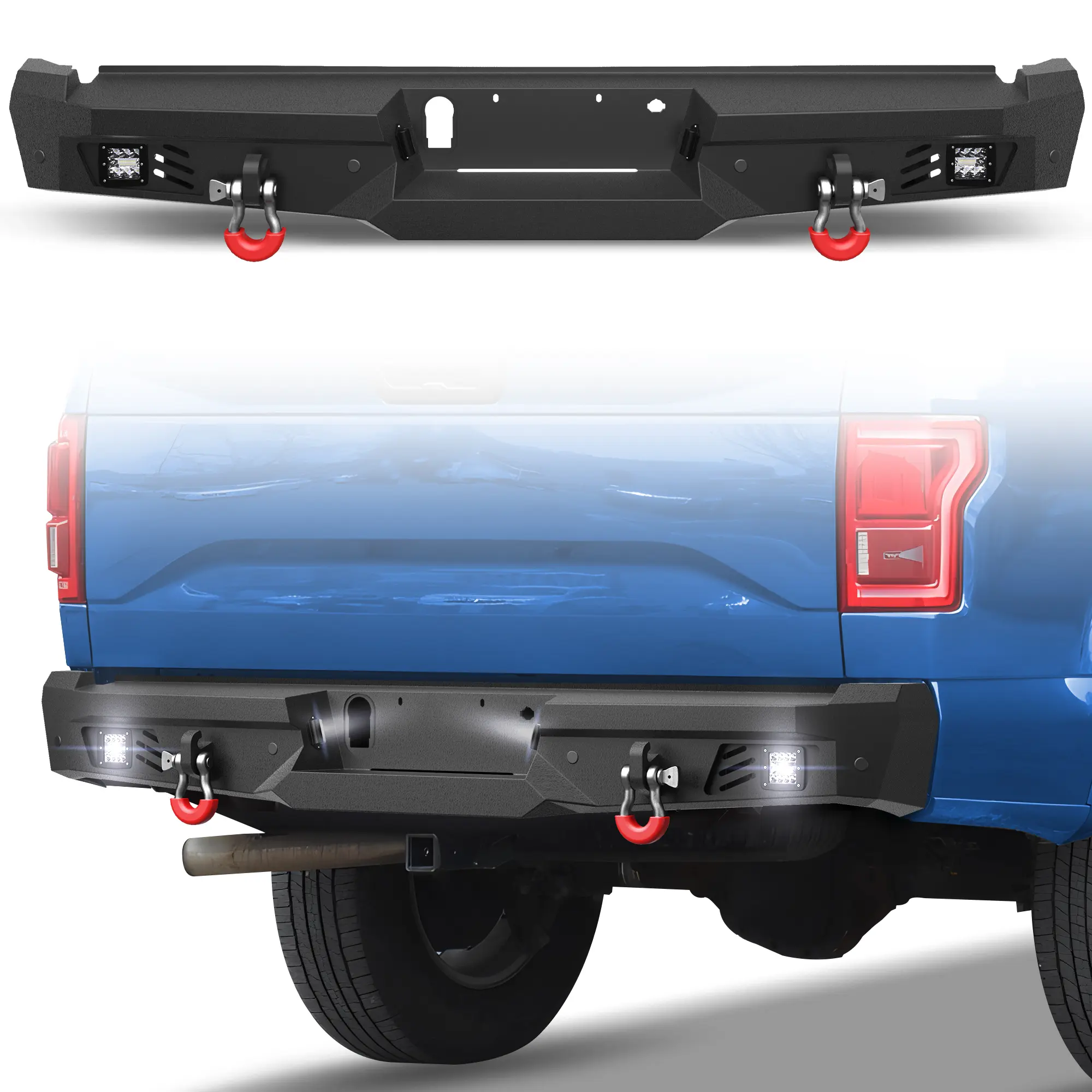 POFENZE Rear Bumper for 2015-2025 Ford F150 Pickup with Step Plate Fog Lights License Plate Lights, Includes Step Plate, Led Lights, Carbon Steel