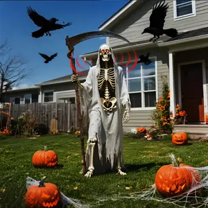 5.6ft Full-Size Posable Plastic Skeleton with Glowing Eyes & Voice-Activated Sensor - Life-Size Spooky Halloween Decoration for Yard, Lawn, Haunted House, and Party Graveyard Decor, Halloween Decorations, Lawn Ornament, Eerie Atmosphere, Du