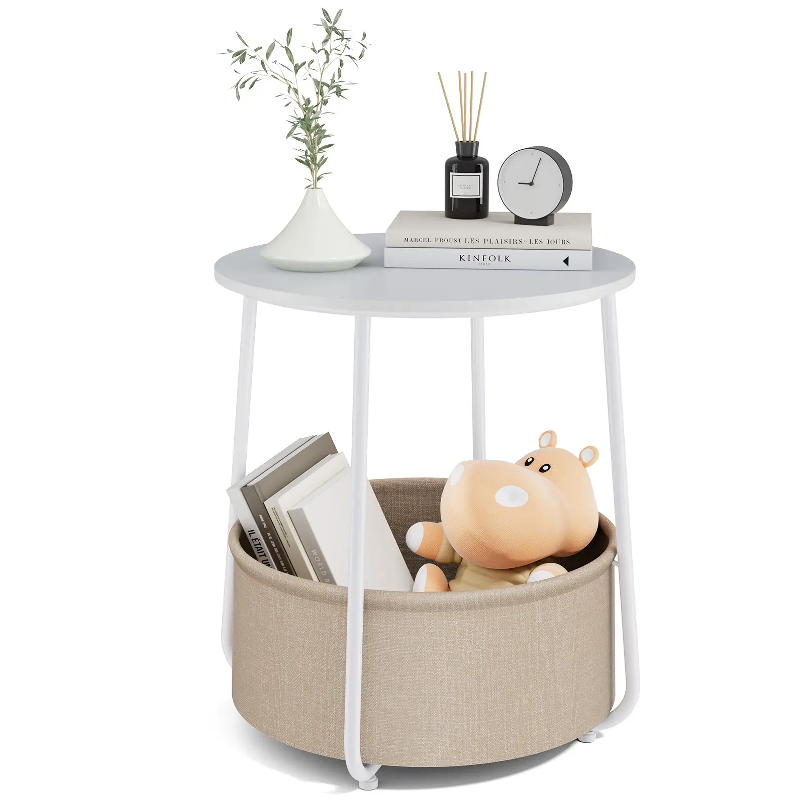 Small Round Side End Table, Modern Nightstand Bedside Table with Fabric Basket for Bedroom, Living Room, Side Table with Steel Frame