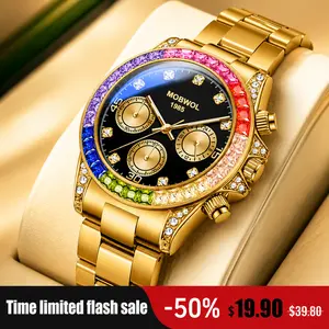 High-End Gold Watch for Men, Rainbow Gemstone Bezel Iced Out Diamond Chronograph Luxury Quartz Watch, Fashion Stainless Steel Luminous Wristwatch for Businessman Executive