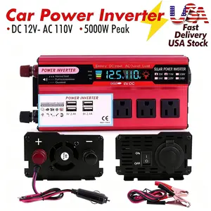 5000W Peak DC to AC Power Inverter, 12V to 110V, LED Voltage Screen, 3 AC Outlets & USB Charging, Car Plug & Clamps Included, Great for RV, Camping, Road Trips & Power Outages
