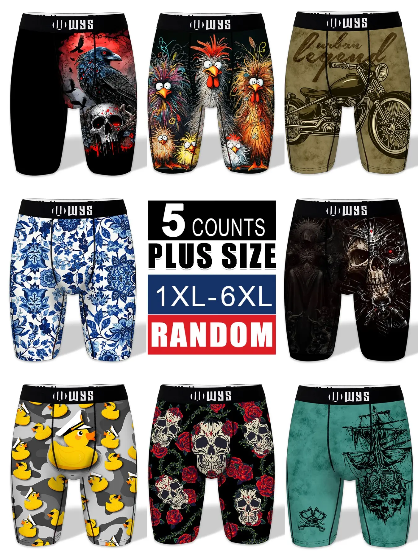 RANDOM-5PCS,Men's Plus Size Long Briefs 5-Pack, Absorbent Quick-Dry Bike Swim Pants, Swimwear Shorts, Skull Wolf Motorcycle Patterns, Comfortable Casual Underwear, Printed Trunks, Swim Shorts
