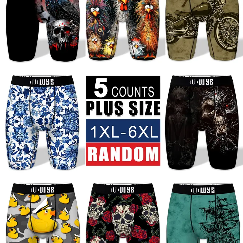 Men's 5-Piece Plus Size Random Printed Trunks, Absorbent Quick-Dry Underwear, Skull Wolf Motorcycle Printed Comfortable Casual Underwear, Multi-Functional Swim Shorts, Stretchy Trunk