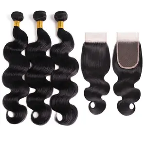 Bundles with Closure Human Hair Body Wave 26 28 30 Inch 100% Unprocessed Brazilian Virgin Hair Extensions Natural Color For Women