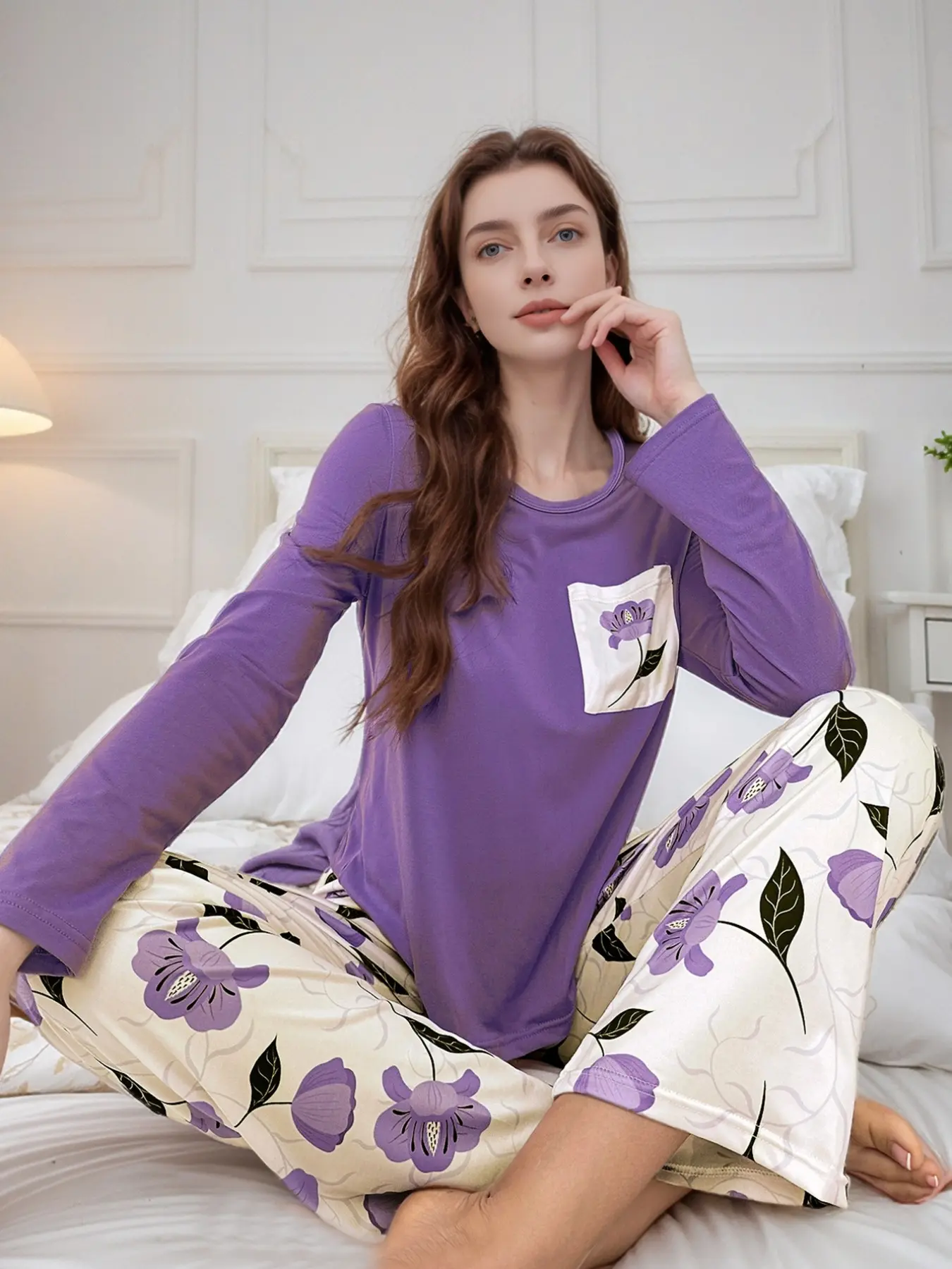 Women's Long Sleeve Round Neck Fitted Pajama Set with Pocket, Floral Print Casual Fall Winter Homewear, Comfortable Sleepwear, Lady, Loungewear, Loungewear Pajamas, Pjs, Pyjamas
