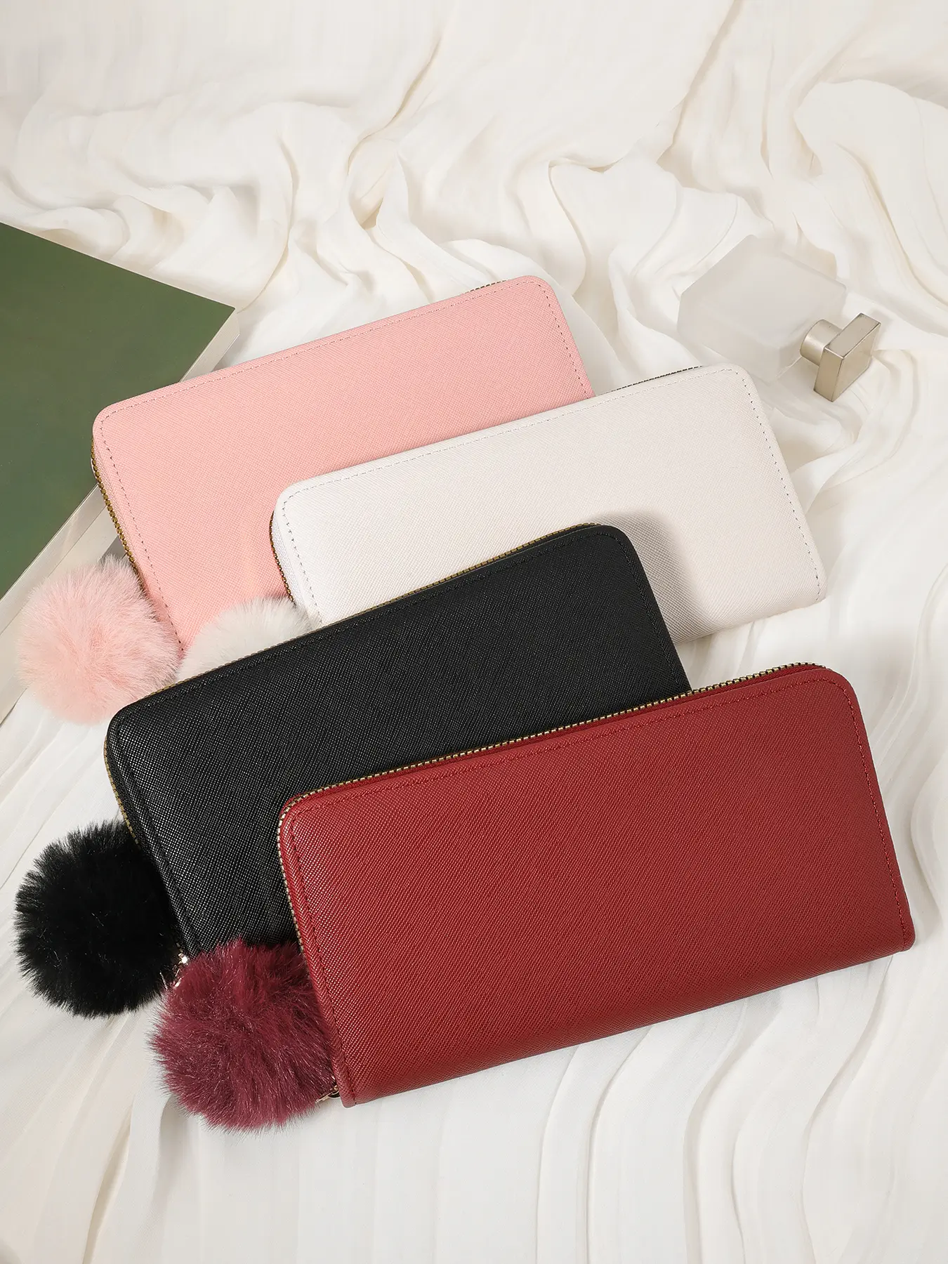 Trendy solid color long zipper wallet with soft and cute fur ball hanging decoration, women's multi slot long wallet