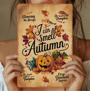 Charming Vintage Autumn Tin Wall Art Featuring Rustic Iron Design with Pumpkins Leaves and Seasonal Words Ideal for Home and Cafe Decor