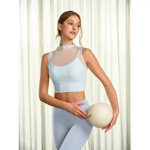 BERLOOK Light Blue Mesh Panel Mock Neck Sleeveless Tank Top - Soft Spandex-Nylon Sports Apparel, Athletic Style Activewear for Leggings Pairing, Sleeveless Gym Top & Yoga Workout Vest,summervibes