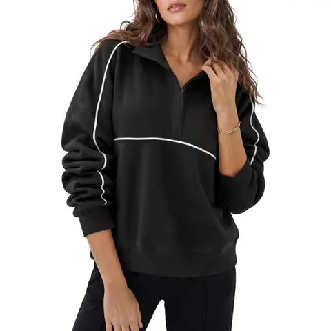 FISOEW Women's Oversized Collared Zipper V-Neck Elastane Pullover Sweatshirt - Long Sleeve Tops, Comfy Basics, Fashion Basics for Everyday Wear, Plus Size Casual Women's Tops (Multi-Size)