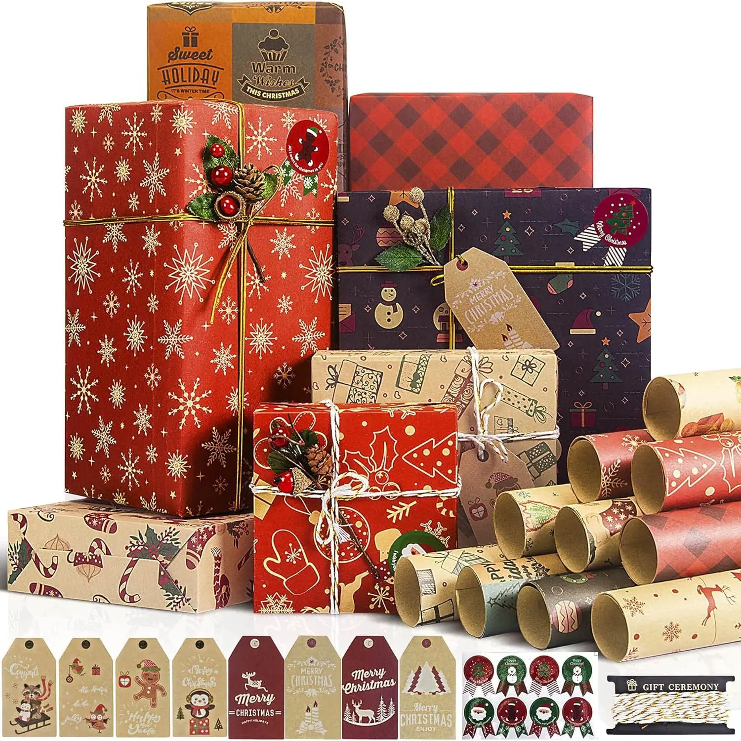 Christmas Wrapping Paper Set, 10 Sheet Recyclable   Wrapping Paper w/ 8 count  Sticker Tag, Christmas Ribbon for Xmas  Wrap, Present Decoration, DIY Craft, 27.5x19.7inch per sheet