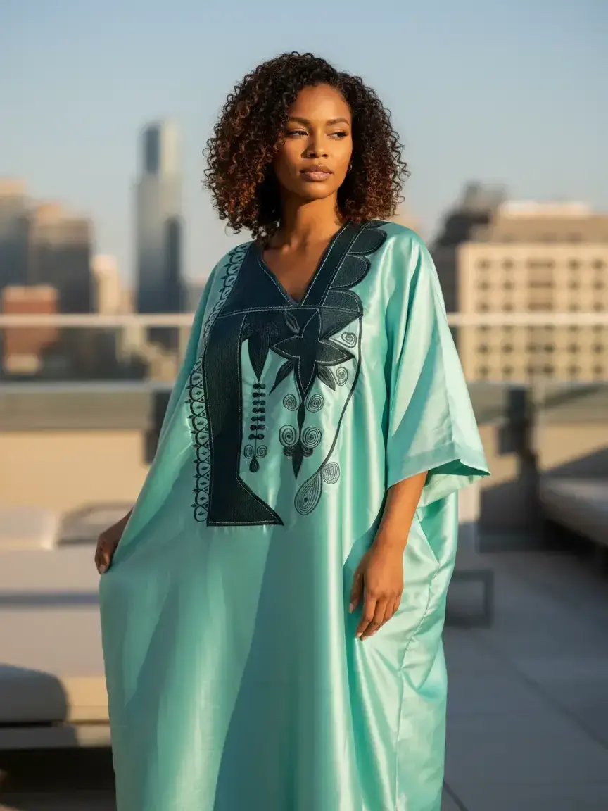 Duchess Elegant African Boubou Gown with Unique Embroidery Pattern Women's Top Crew Neck Design Light Blue Color Versatile for Every Occasion Summer Style