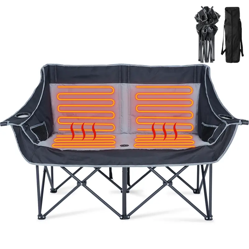 SLSY Heated XXL Oversized Double Camping Chair - 2-Person Folding Heated Loveseat with 3 Heat Levels, USB Powered Seats & Backrests, Padded Armrests, Cup Holders, Carry Bag for Camping & Outdoor