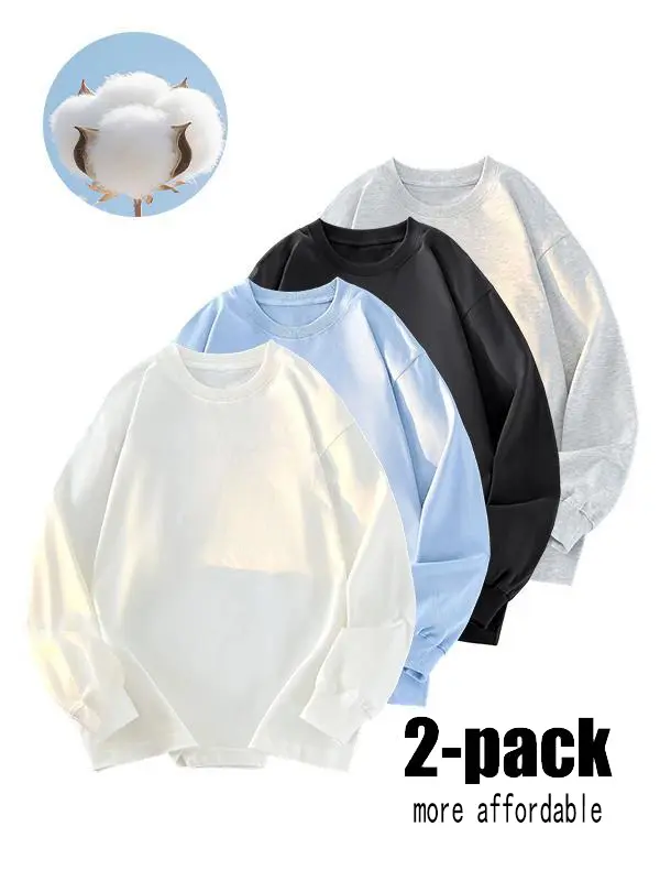 Men's Pure Cotton Plain Baggy Activewear Tee - Round Neck Long-Sleeve, Natural Fiber Basic Layering Top for Spring, Autumn Casual Athleisure Use,sohochic
