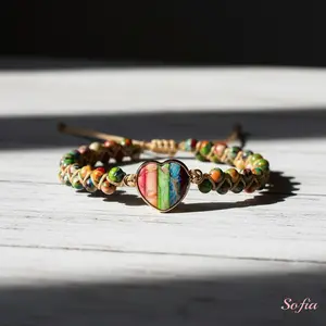 Sofia Chakra Healing Bracelet with Opalite Heart Charm Natural Stone Crystal Boho Style Adjustable for 6-7.5 Inches Wrist Festive Jewelry Gift for Mom