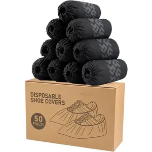 Disposable Non-Slip Shoe Covers Set of 50 - Recyclable Black Non-Woven Fabric, Fits Up to 11 Men & 13 US Women, Indoor Use