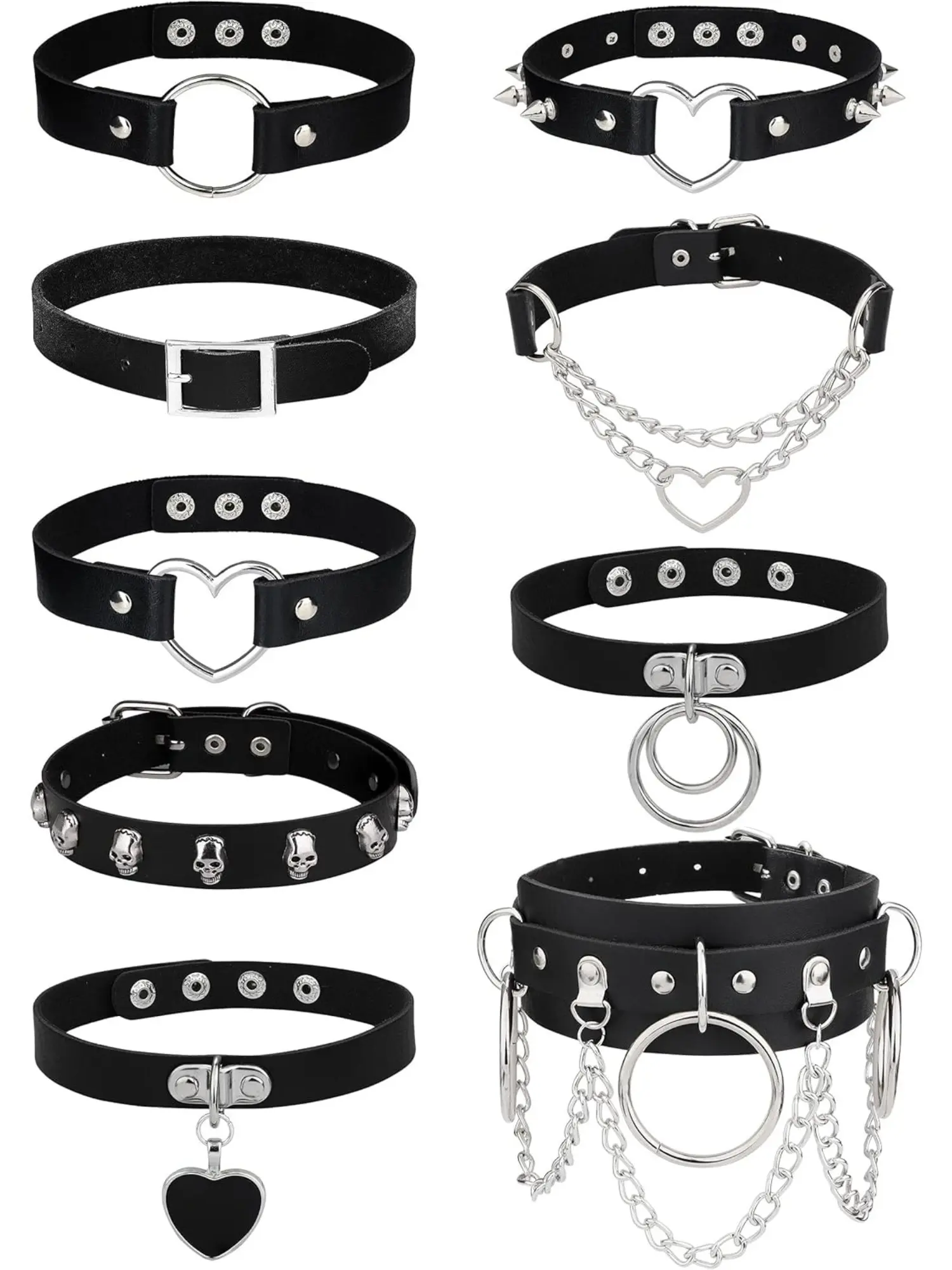 9 Pcs Black Punk Leather Chain Choker Necklace Set, Durable Fashion Accessory, for Women Men Leather Durable Alloy Classic Punk Gothic Style with Chain Embellishment Bold Retro Aesthetic Adjustable Leather Collar Chokers Jewelry