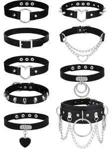9 Pcs Black Punk Leather Chain Choker Necklace Set for Women Men Premium Leather Durable Alloy Classic Punk Gothic Style with Exquisite Chain Embellishment Bold Retro Aesthetic Assorted Choker Collection Adjustable Leather Collar Chokers Choker Jewelry