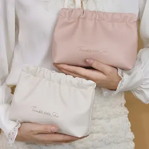 Twinkle Little Star Wrinkled Makeup Bag High-Value Handheld Portable Waterproof Travel PU Toiletry Storage Bag for Lipstick in Soft Pink & Cream Options