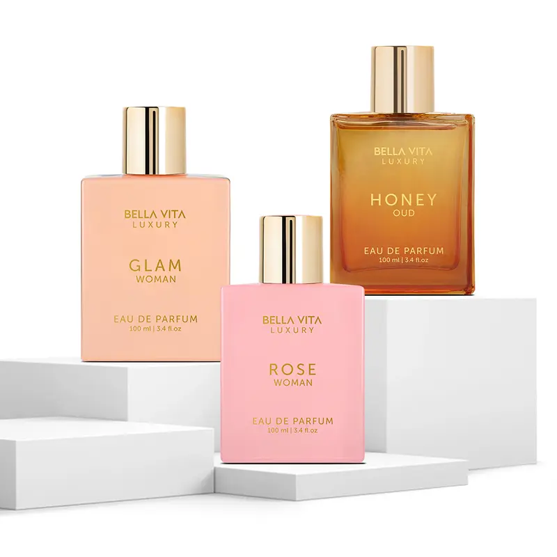 BellaVita Luxury The Royal Oud Trio Honey Oud Glam and Rose Eau De Parfum EDP Floral Spicy and Woody Fragrances Long Lasting Perfumes for Women Clean Vegan and Cruelty Free Premium Gift Set