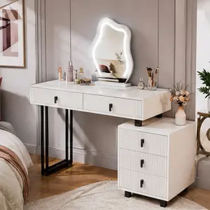 ARCH White MDF Arched Compact Tech-Integrated Sleek Dressing Table - Cloud LED Mirror with 3-Color Lighting, Ribbed Drawers, Side Cabinet, Adjustable Layout, Storage Makeup Desk for Bedroom, Small Spaces, 29.5"H x 15"W, Compact Dressing Tables, Tech-Integ
