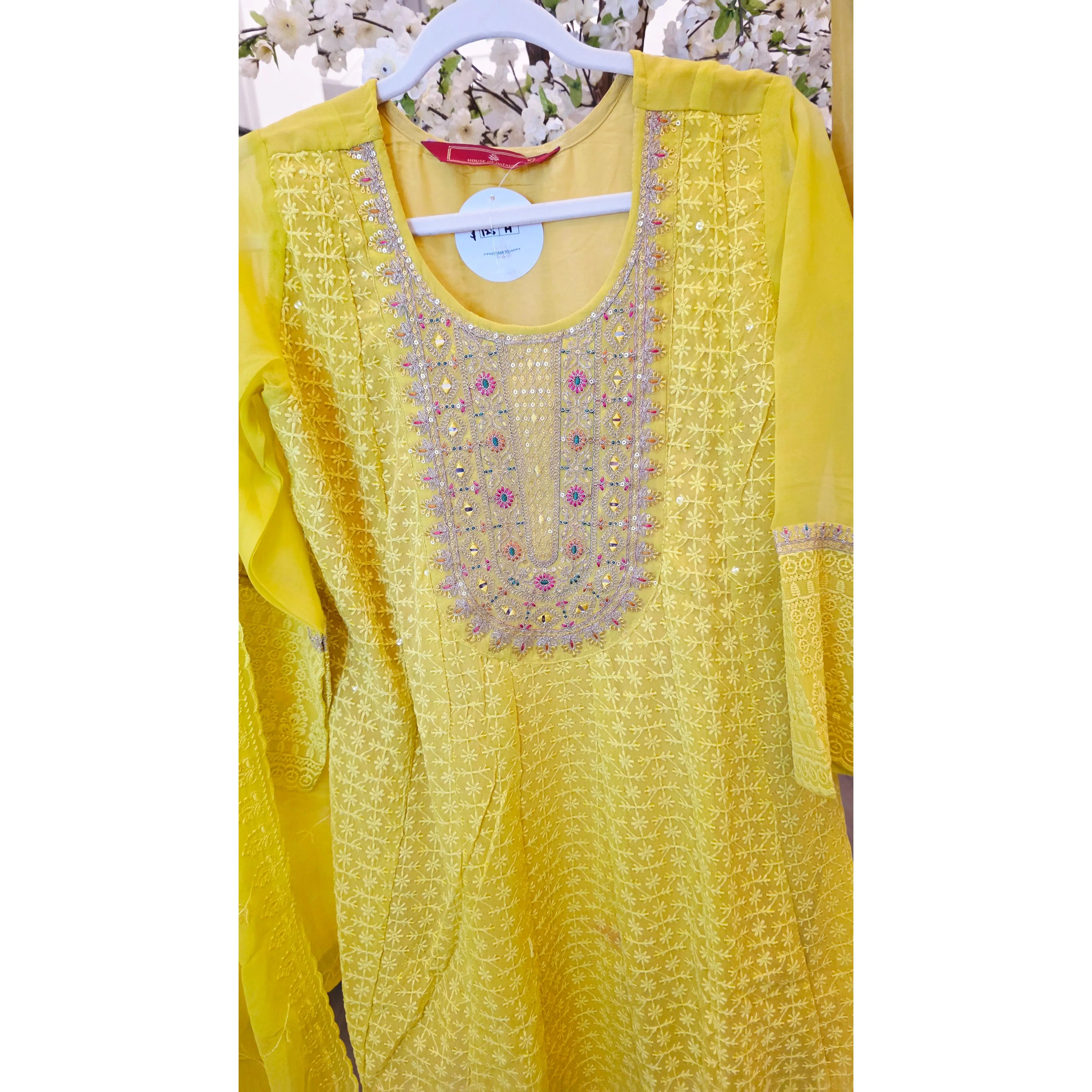 Reyavogue Women's Yellow Chikenkari Sequins Kurti / Suit Set with Pant and Dupatta