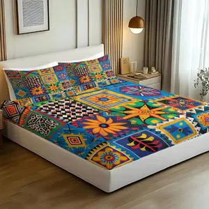 3Pcs Colorful Ethnic Geometric Print Fitted Sheet Set, Bohemian Ethnic Style Bedding Set, Decorative Bedsheet Sets, Includes 2 Pillowcases, Suitable for All Seasons, Warm and Breathable, Perfect for Ethnic Tribal Style Bedroom Decor