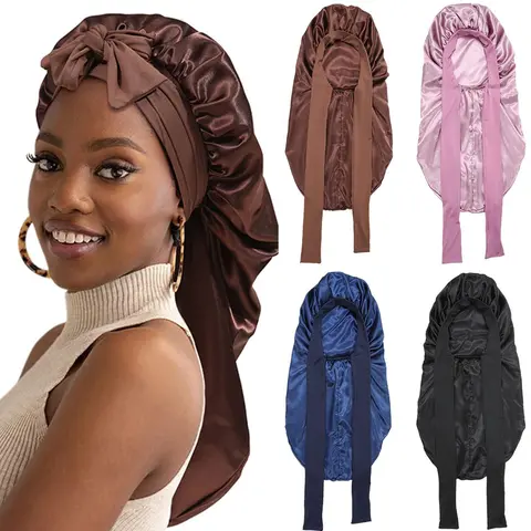 AWAYTR Women's 1 Pc Long Silky Satin Hair Bonnet - Double-Layered Solid Dry Hair Cap for Adults, Braids, Haircare, Heatless Styling, Elastic Tie Band, Multi-Color, Storage Compatible Silk Like Bonnets