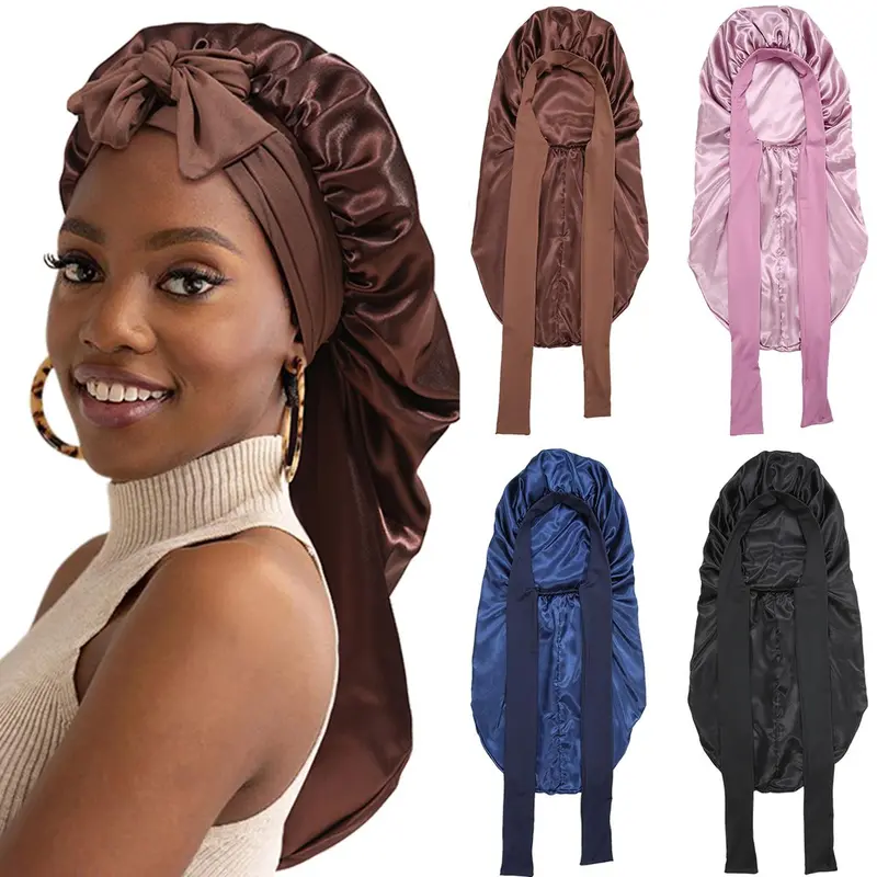 AWAYTR Women's 1 Pc Long Silky Satin Hair Bonnet - Double-Layered Solid Dry Hair Cap for Adults, Braids, Haircare, Heatless Styling, Elastic Tie Band, Multi-Color, Storage Compatible Silk Like Bonnets