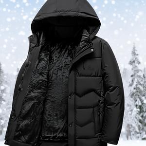 TJL Men's Ultra-Warm Black Hooded Puffer Jacket - Winter Thermal Insulated Coat with Fleece Lining Classic Menswear for Outdoor Activities