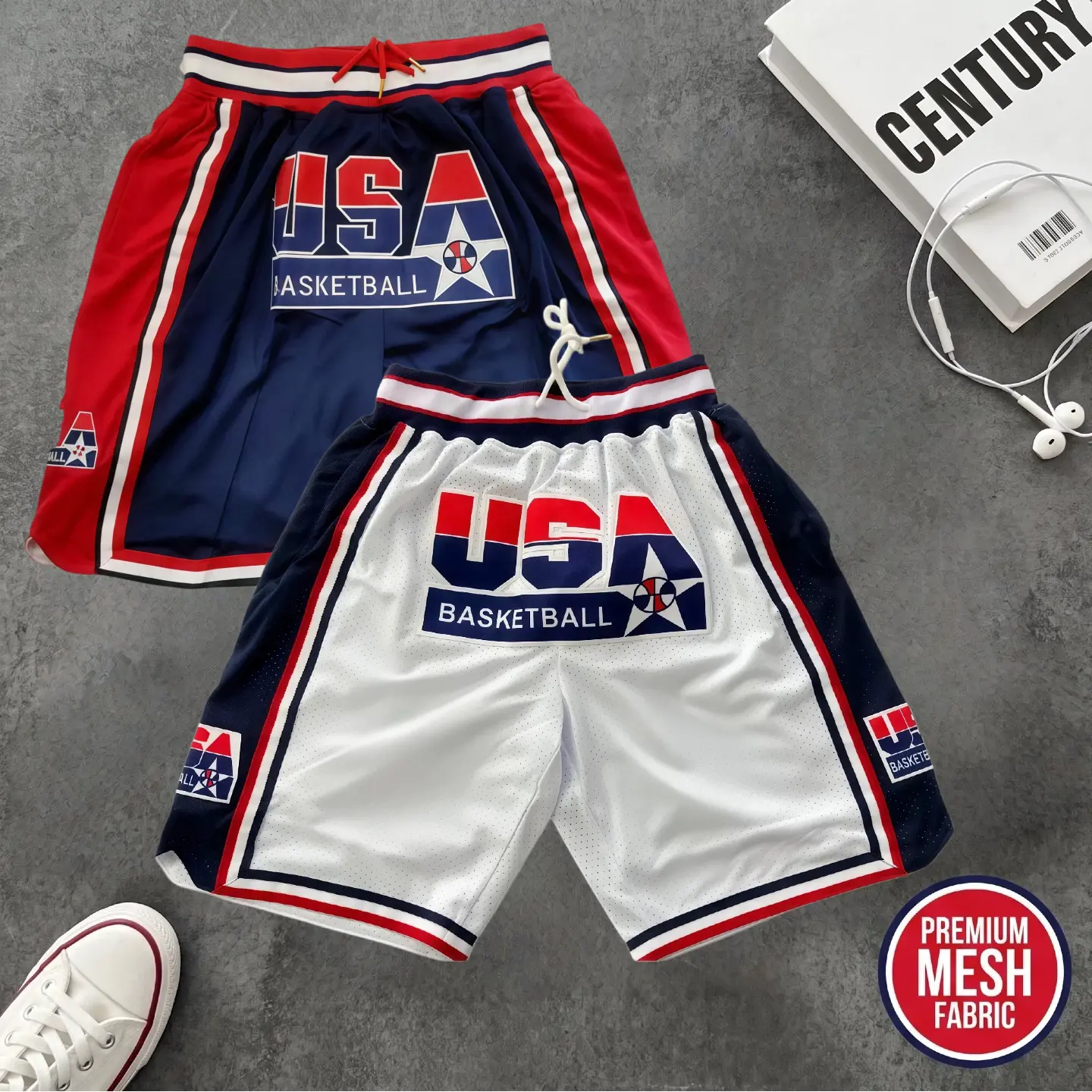 Men's 1992 USA Dream Team Sporty Basketball Shorts - 4 Pockets, Embroidery, Stretchable, Big Size, Blue/White, Activewear Bottoms, Sewing Detail, Cold Wash, Do Not Dry Clean for Court & Outdoor Sports,back to school,back to school haul