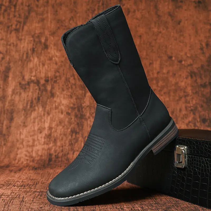 Western slip-on non-slip mid-calf boots, versatile for commuting, low-heeled retro denim boots