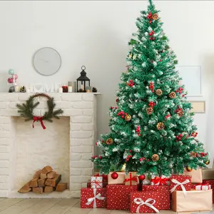 Snow Flocked Hinged PVC Artificial Christmas Tree w/Pine Cones & Red Berries