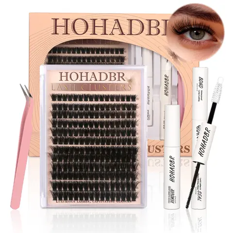 HOHADBR Eyelash Clusters Kit, Cosmetic D-Curl Thick 10-18MM Volume Lash Extensions with Waterproof Bond, Seal & Curling Tweezers for Beauty & Personal Care Makeup Tools