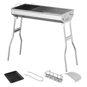 Portable Charcoal Grill, Upgraded Foldable Large BBQ Grill with Side Prep Shelf & Seasoning Storage Rack, Durable Stainless Steel Frame, Ideal for 6–8 People, Perfect for Backyard, Patio, Picnic, Camping & Travel Compact Double-Sided Firebox