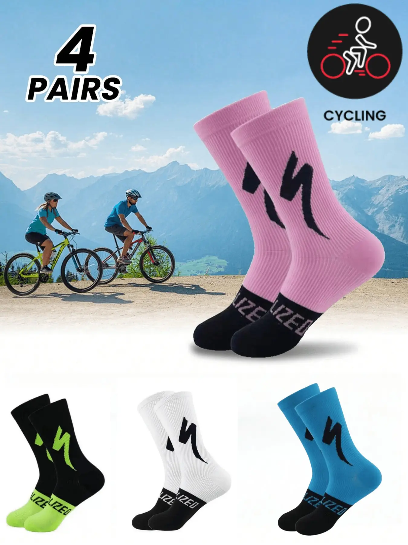 4 Pairs Men's Cycling Socks, Outdoor Sports Ankle Compression Fabric, Ideal for Mountain Biking, Road Bike, Triathlon, Hiking, Running, Athletic Sports Socks, Workout Socks