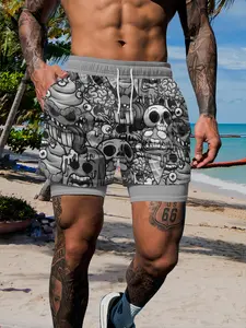 Men's 2-in-1 Funny Skull & Monster Print Swim Shorts, Swim Trunks with Compression Liner, Quick Dry, Drawstring Waist, Casual Summer Beach Workout Shorts