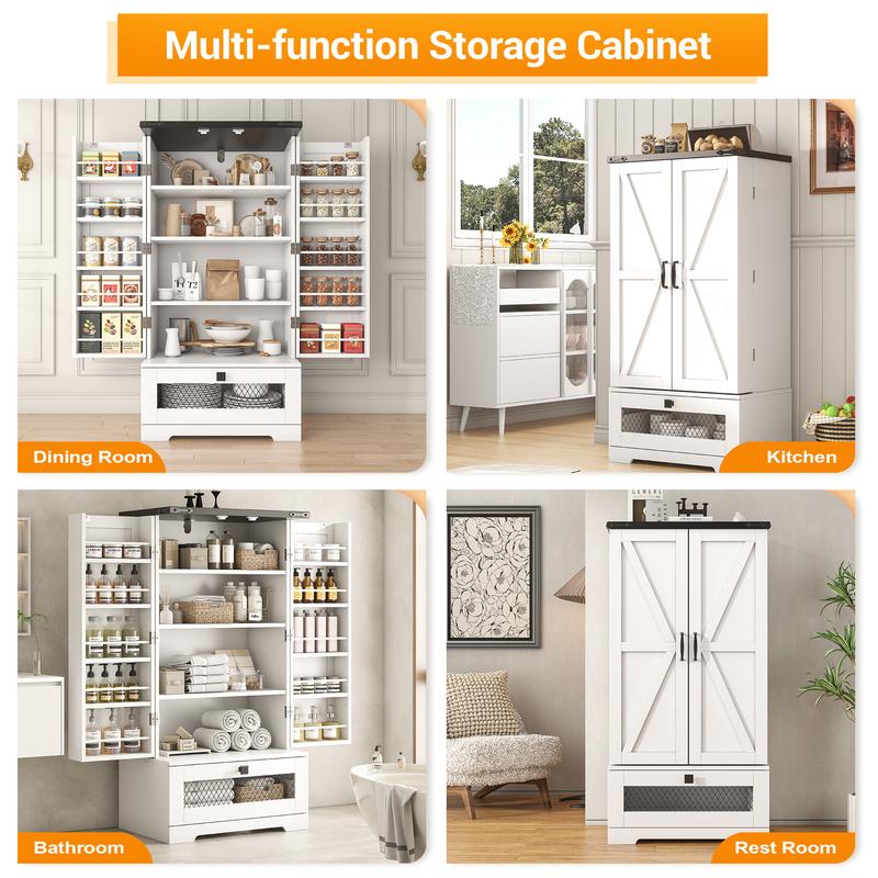 47" Pantry Cabinets with Adjustable Shelves and Drawer, Farmhouse Kitchen Pantry Storage Cabinet, Buffet Cupboards Sideboard for Kitchen, Dining Room, Living Room Use