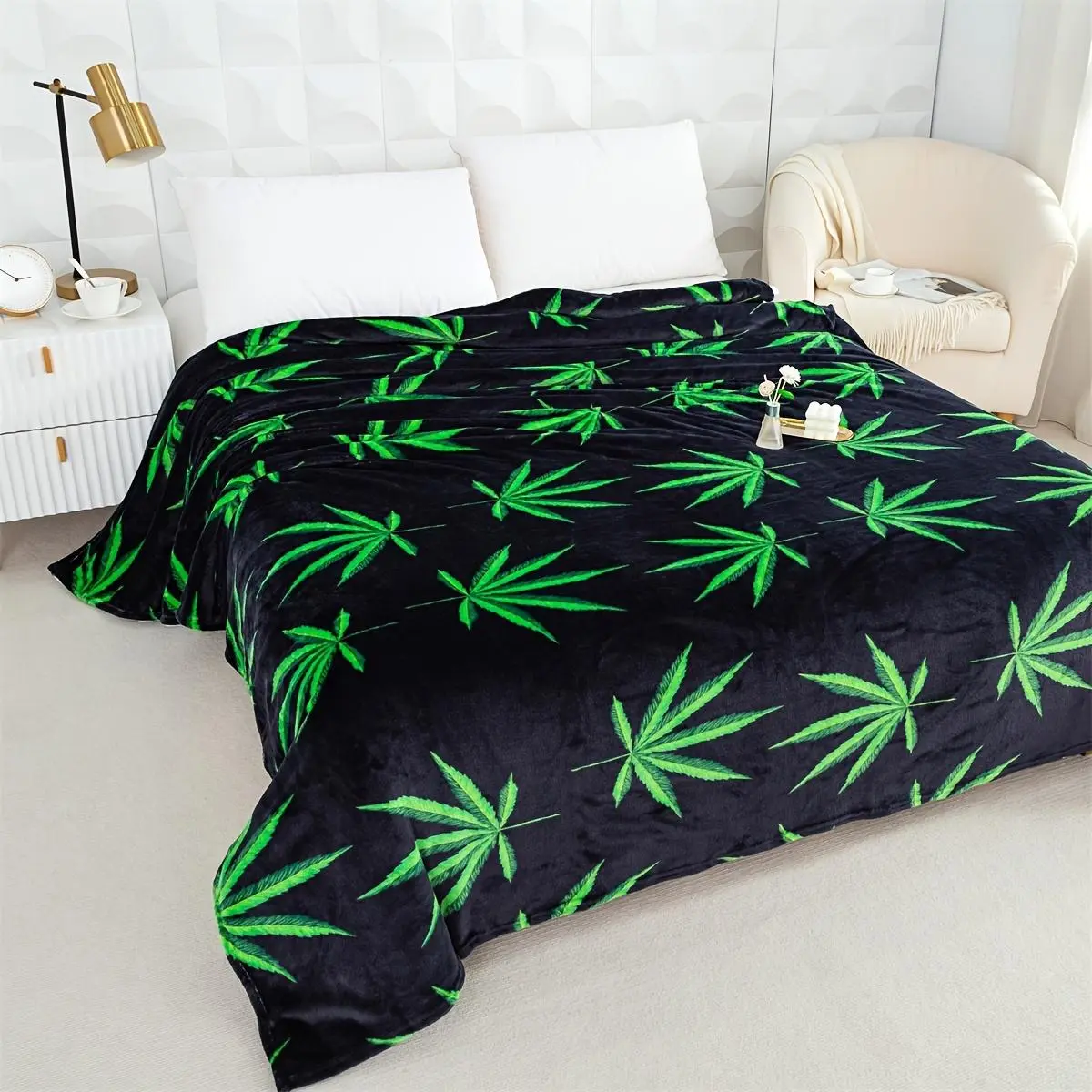 Neon Green Cannabis Leaf Throw Blanket, Soft Flannel Bold Black Marijuana Print for Bedroom, Sofa and Alternative Room Decor, Cozy Lightweight Bed Throw for Movie Night, Birthday Gift for Adults and Weed Theme Decor Fans