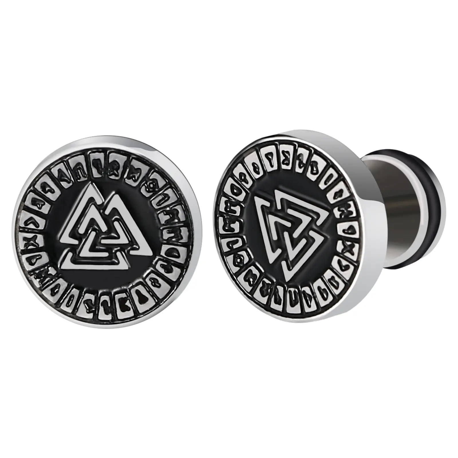 OIDEA Men's 18g Stainless Steel Norse Viking Ear Studs - Punk Style Round Disc Earrings with Valknut Runic Symbols, Metal-Coated Casual Faux Ear Plugs, Punk Style Earrings, 18G Gauge, Deformation-Resistant, 0.24 Inches Post Length, 0.39 Inches Width, Dail