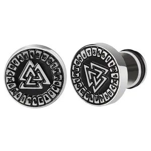 OIDEA 18g Viking Round Disc Stud Earrings - Stainless Steel, Metal Coated Norse Valknut Rune Faux Plugs with Cultural Significance for Everyday Wear, Earrings For Everyday Wear, Earrings With Cultural Significance