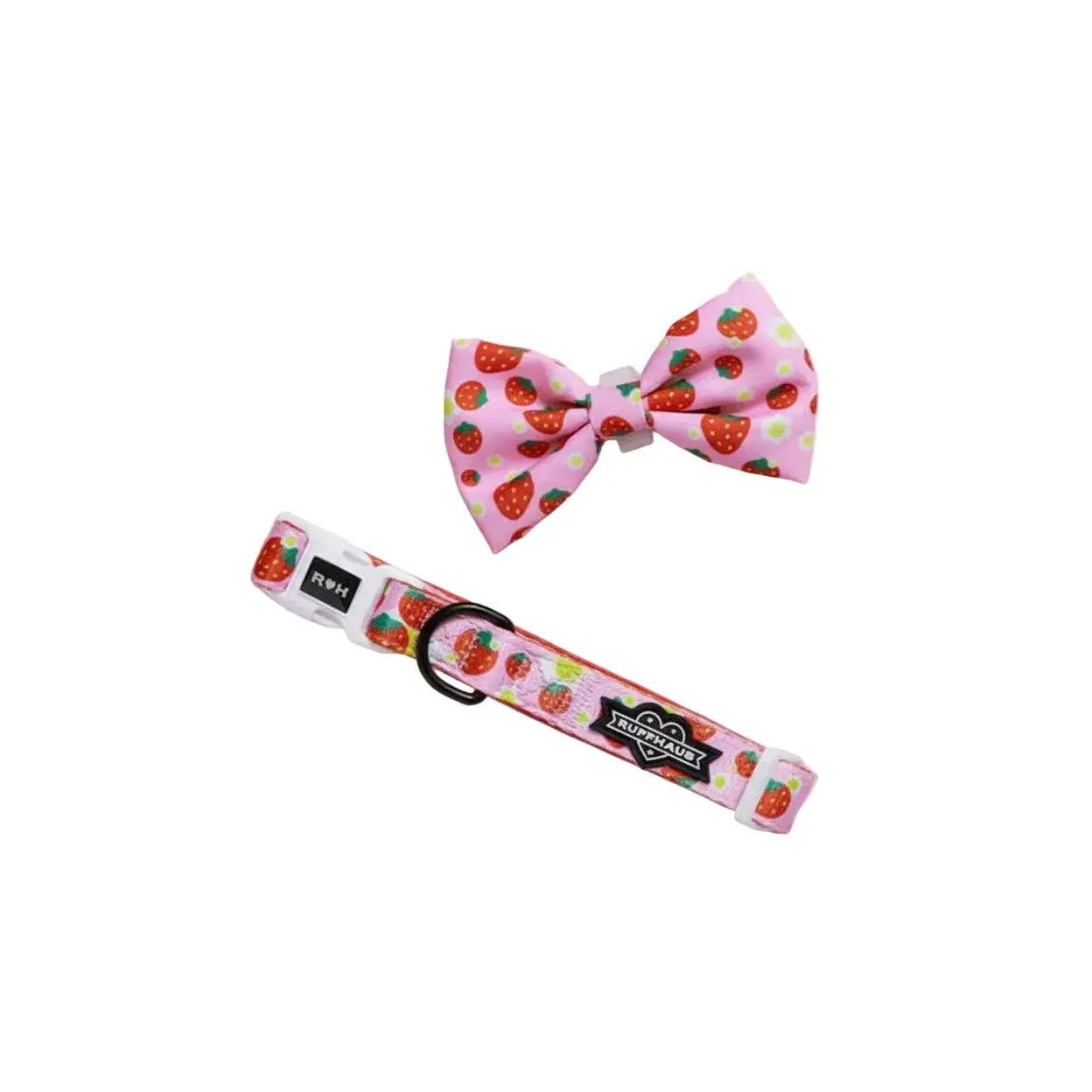 Dog & Cat Fruit-Themed Strawberry Print Collar Set with Matching Bowtie, Adjustable Fit, Playful Look, Durable Daily Wear Pet Accessory for Collars & Leads