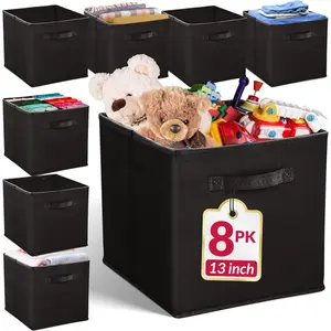 13x13x13 Storage Cube Bins (8 Pack) |   Large Cube Organizer Bins |   13x13 Fabric Storage Boxes |   Fits Kallax |   Collapsible, Foldable Fabric Cubby Box (Square) |   Kids Room Organization (Black)
