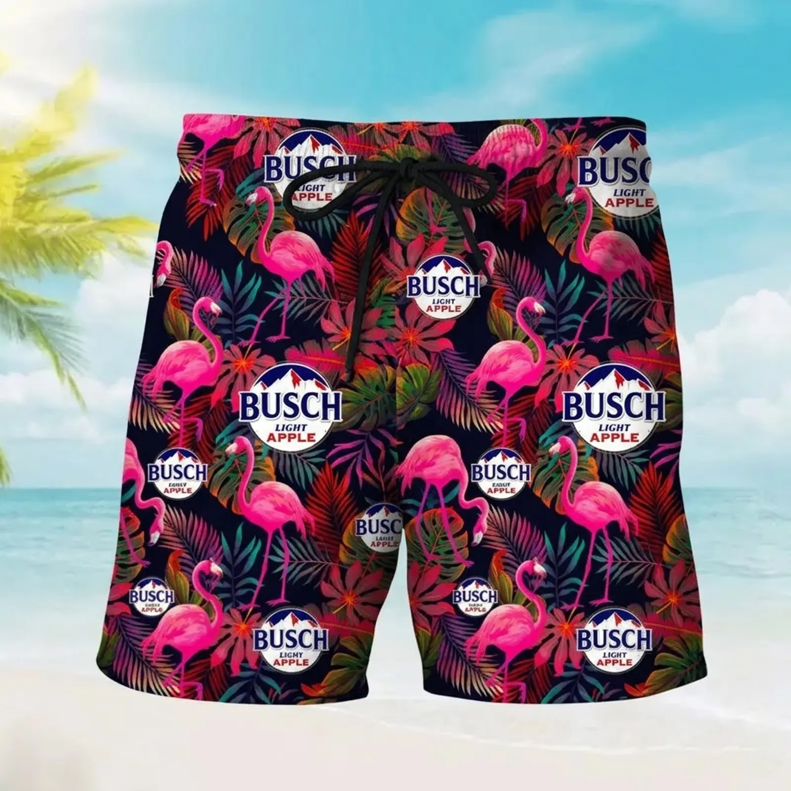 Mens Pink Flamingo Swim Trunks, Vintage Apple Beer Graphic Beach Shorts | Tropical Palm Leaf Summer Board Shorts